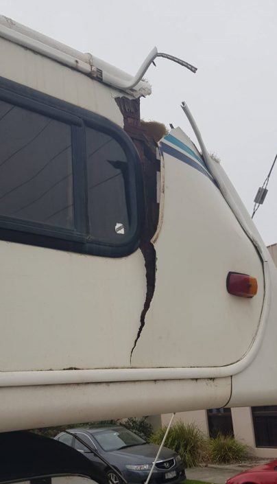 A Winnebago with extensive cabin damage